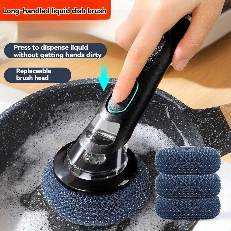 Multi-functional kitchen cleaning brush with liquid dispenser and long handle for easy cleaning of pots, bathrooms, glass, walls, and floors. Choose between TEP and wire ball options for effective scrubbing. Ideal home cleaning tool.