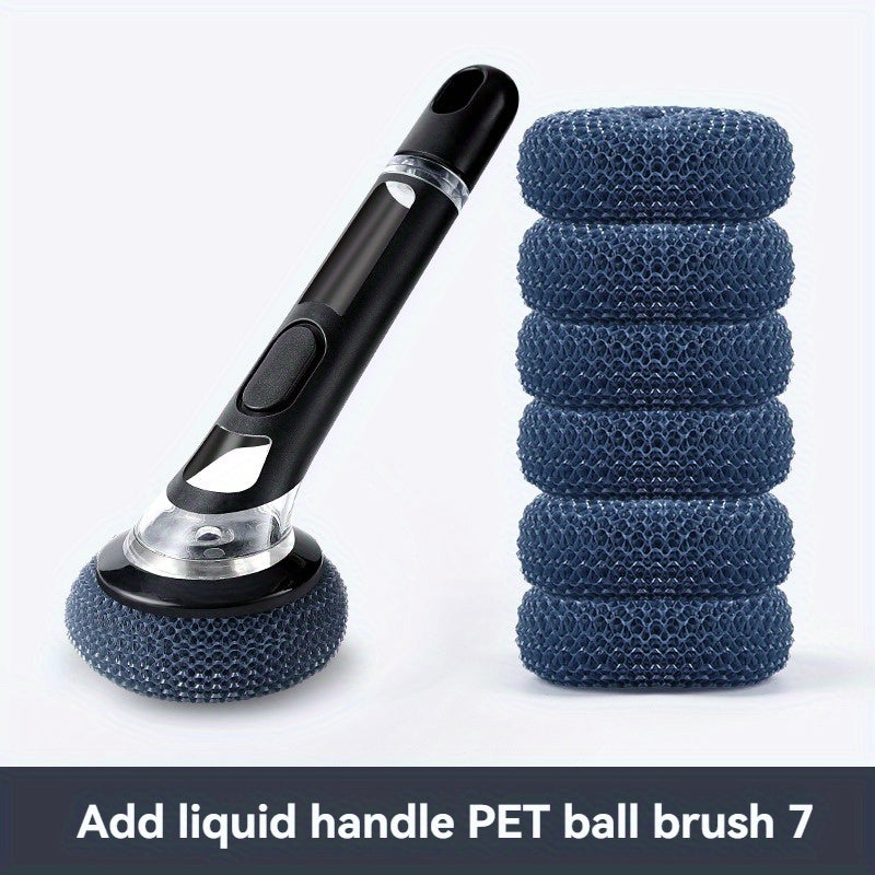 Multi-functional kitchen cleaning brush with liquid dispenser and long handle for easy cleaning of pots, bathrooms, glass, walls, and floors. Choose between TEP and wire ball options for effective scrubbing. Ideal home cleaning tool.