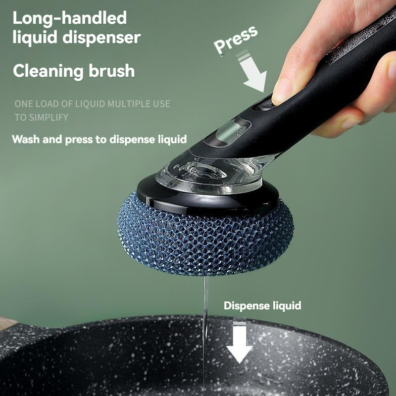 Multi-functional kitchen cleaning brush with liquid dispenser and long handle for easy cleaning of pots, bathrooms, glass, walls, and floors. Choose between TEP and wire ball options for effective scrubbing. Ideal home cleaning tool.