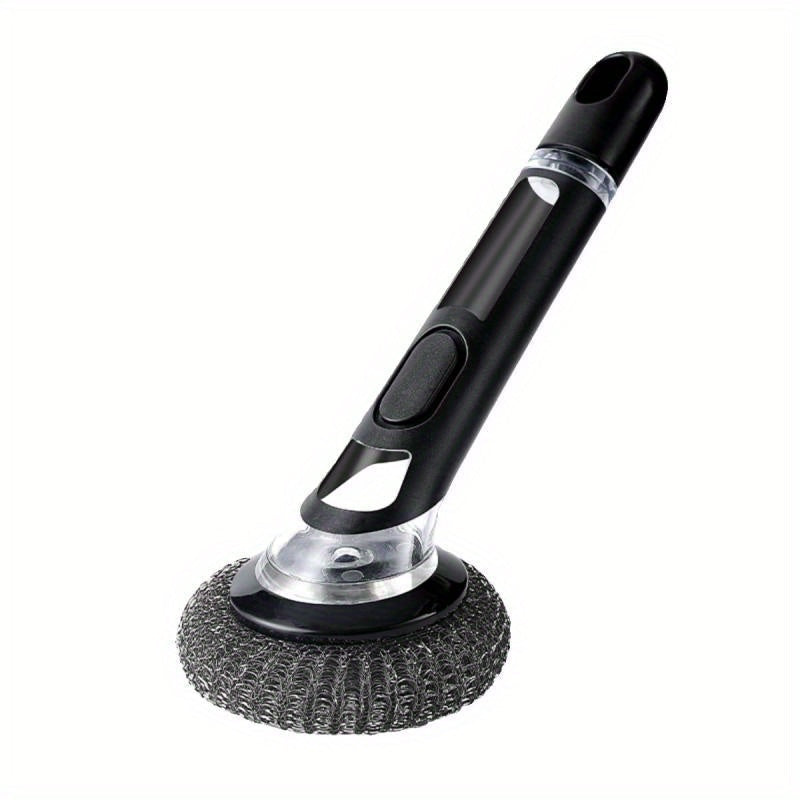 Multi-functional kitchen cleaning brush with liquid dispenser and long handle for easy cleaning of pots, bathrooms, glass, walls, and floors. Choose between TEP and wire ball options for effective scrubbing. Ideal home cleaning tool.