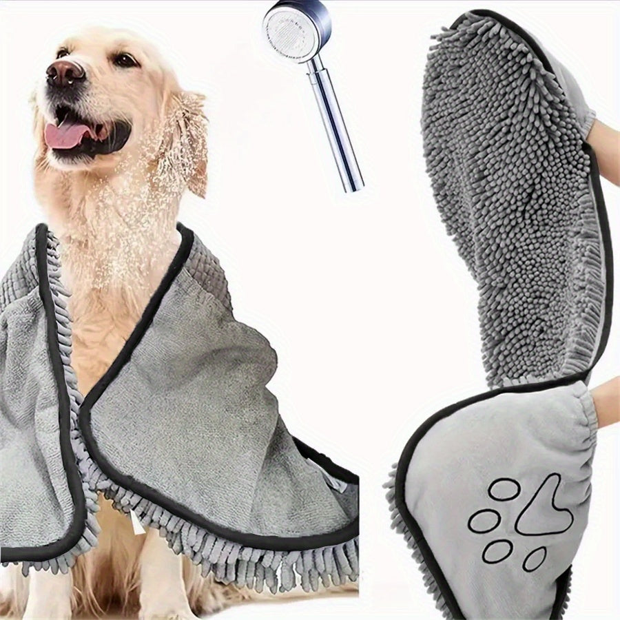 Quick drying bath towel for pets, suitable for cats, dogs, and rabbits. Glove style design for easy absorption.