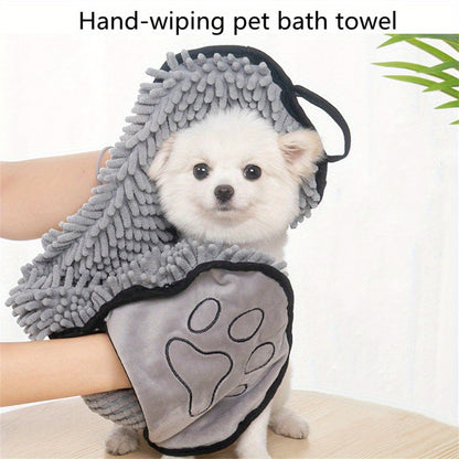 Quick drying bath towel for pets, suitable for cats, dogs, and rabbits. Glove style design for easy absorption.