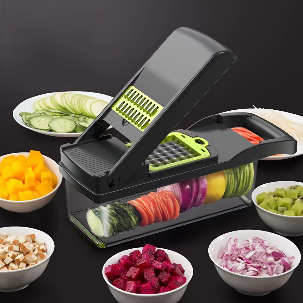 1pc Multifunctional Vegetable Cutter - 14-in-1, Manual, Plastic, with Container, Ideal for Slicing, Dicing, Shredding Vegetables, Perfect for Ramadan Celebrations, Restaurant Kitchen Tool.