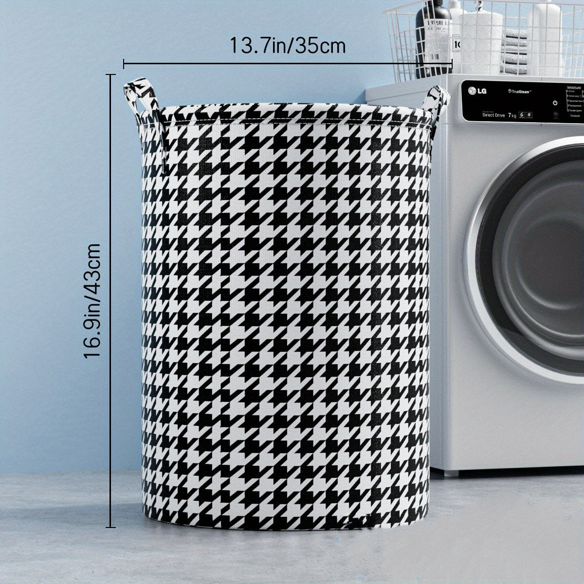 Round Houndstooth Fabric Laundry Basket featuring Leather Handles, Perfect for Storing Clothes & Toys. Can be Folded for Easy Storage. Versatile and Minimalist Design ideal for Home, Kitchen, or Bedroom.