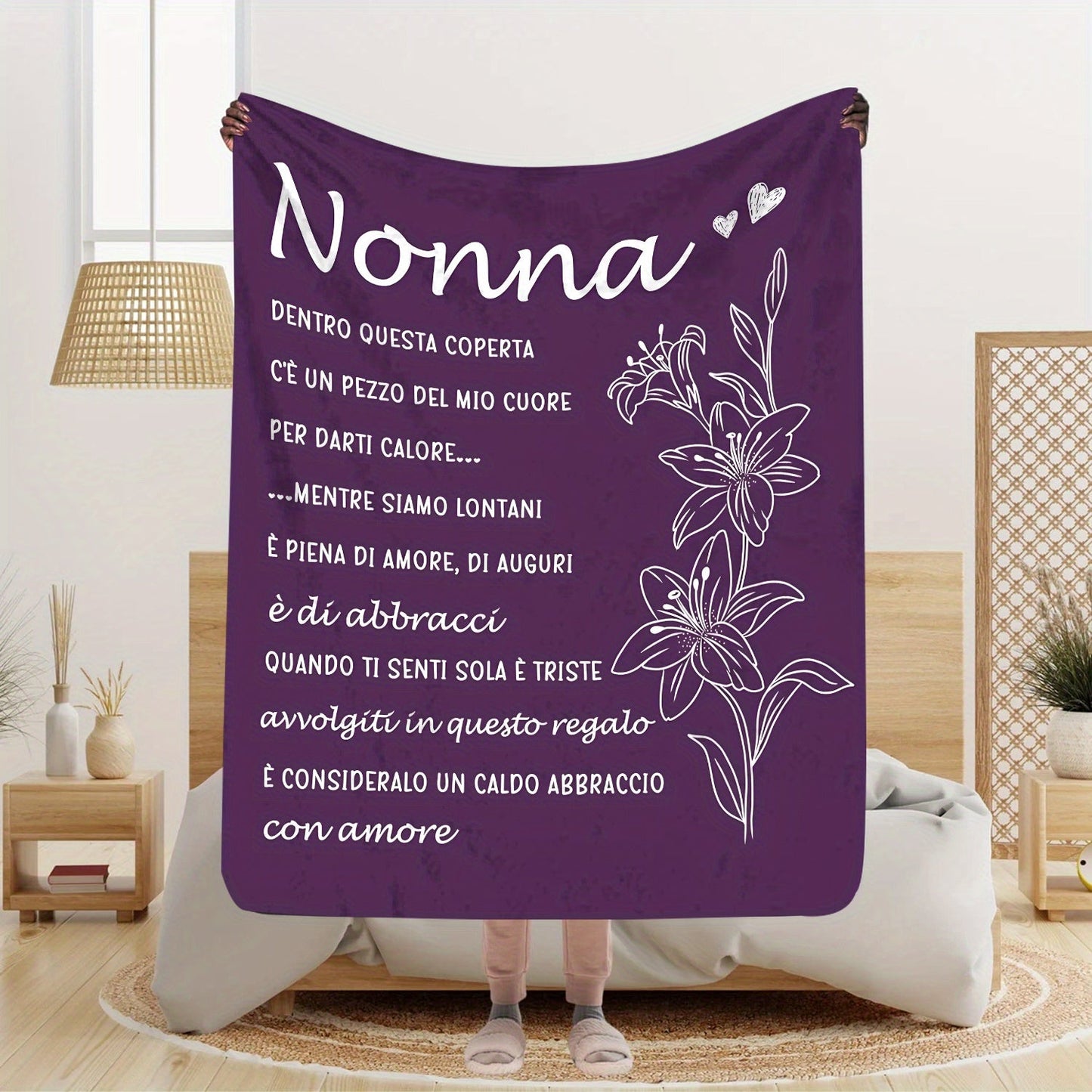 Personalized sentiment print purple fleece throw blanket with cozy Italian language design. This soft flannel nap blanket is the perfect all-season gift for a grandmother on her birthday, anniversary, or holiday. Made of knitted polyester in a cabin