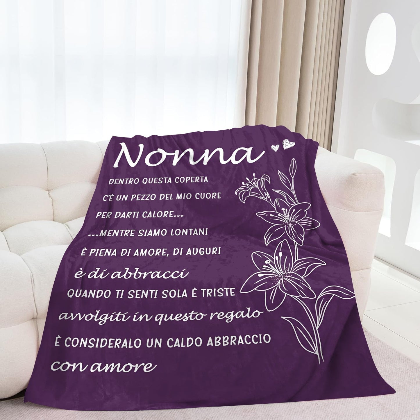 Personalized sentiment print purple fleece throw blanket with cozy Italian language design. This soft flannel nap blanket is the perfect all-season gift for a grandmother on her birthday, anniversary, or holiday. Made of knitted polyester in a cabin