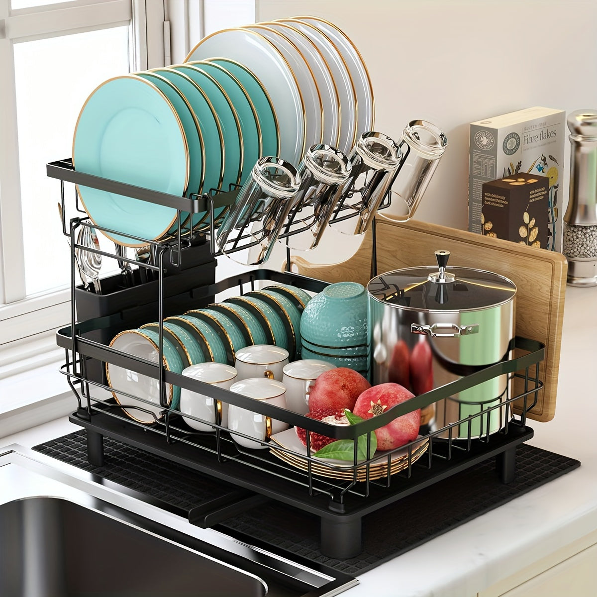 Efficiently organize your kitchen with our Extra-Large Dual-Tier Stainless Steel Kitchen Rack. This space-saving organizer features a cutting board holder, cup and utensil holders, and dish and bowl storage. No assembly required for hassle-free