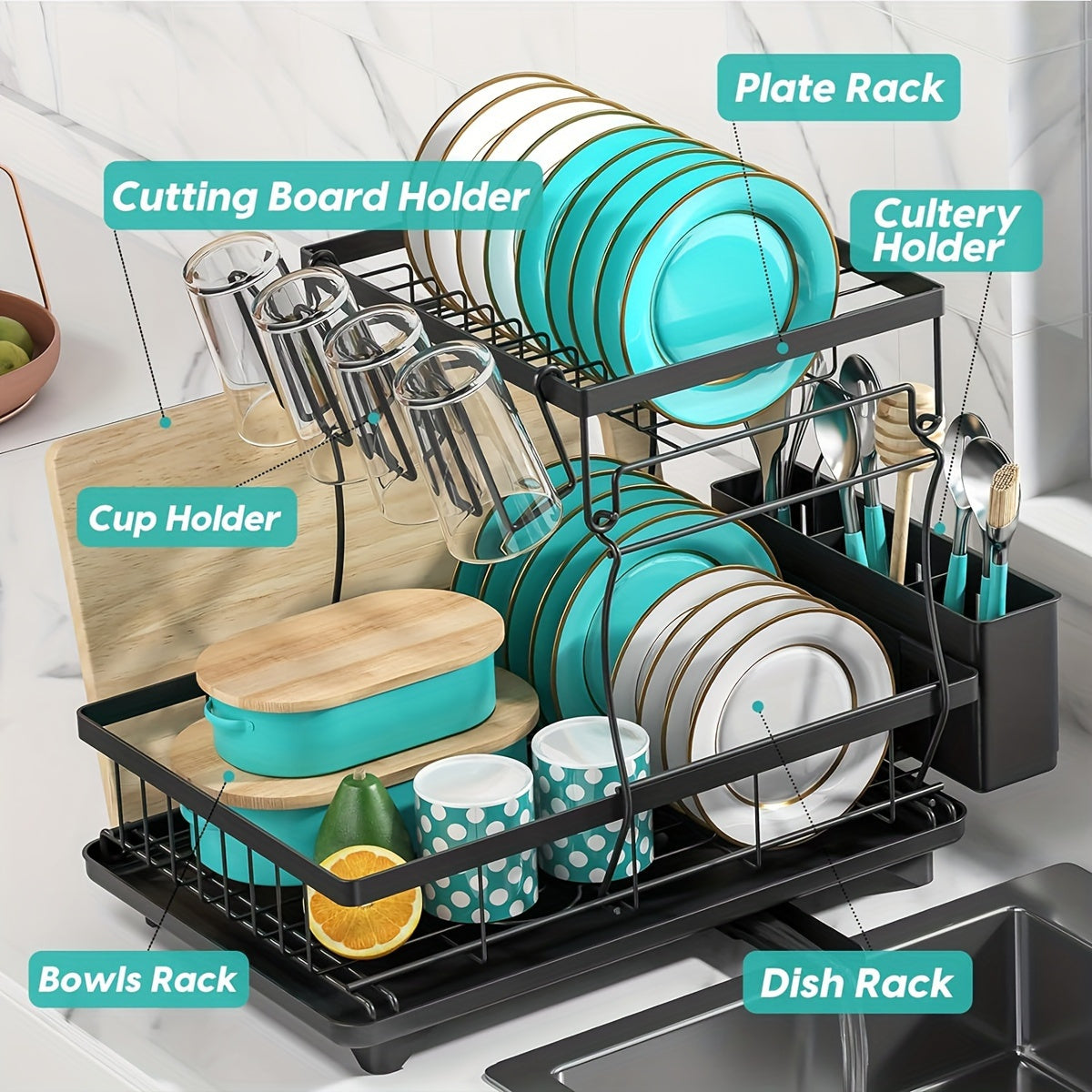 Efficiently organize your kitchen with our Extra-Large Dual-Tier Stainless Steel Kitchen Rack. This space-saving organizer features a cutting board holder, cup and utensil holders, and dish and bowl storage. No assembly required for hassle-free