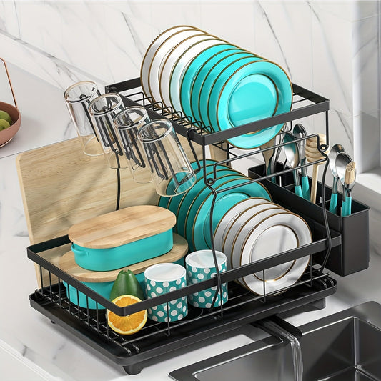 Efficiently organize your kitchen with our Extra-Large Dual-Tier Stainless Steel Kitchen Rack. This space-saving organizer features a cutting board holder, cup and utensil holders, and dish and bowl storage. No assembly required for hassle-free