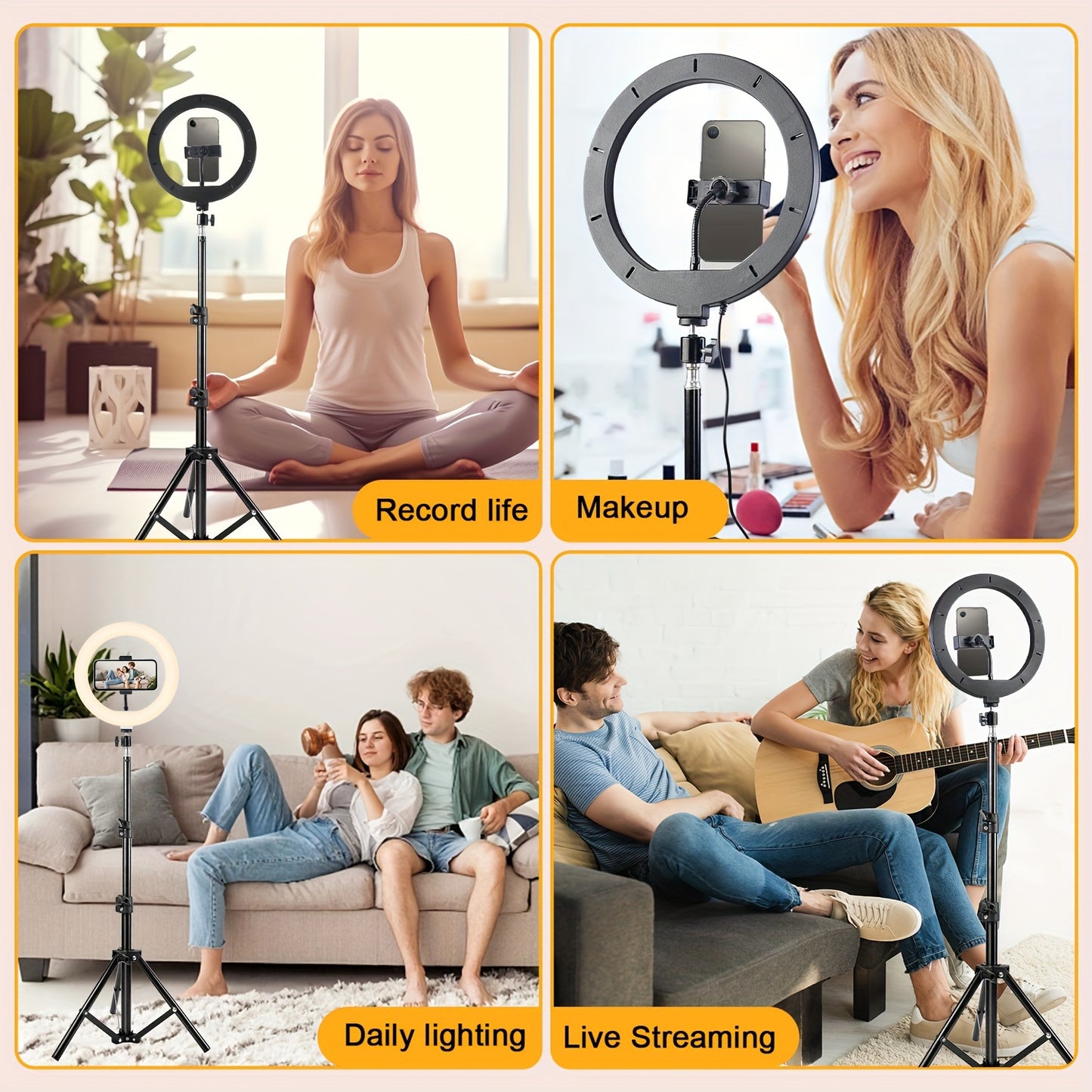 USB-powered LED ring light with stainless steel construction, suitable for beauty, vlogging, and live streaming with an operating voltage of ≤36V.