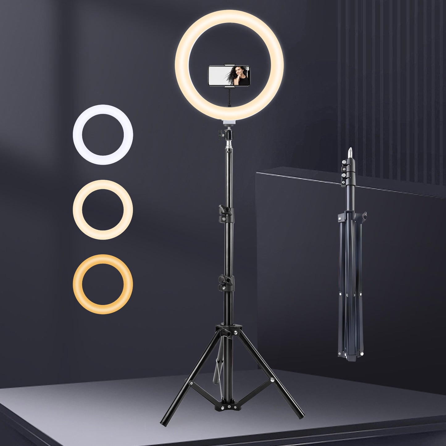 USB-powered LED ring light with stainless steel construction, suitable for beauty, vlogging, and live streaming with an operating voltage of ≤36V.