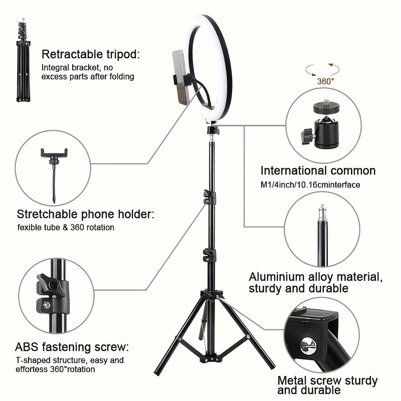 USB-powered LED ring light with stainless steel construction, suitable for beauty, vlogging, and live streaming with an operating voltage of ≤36V.