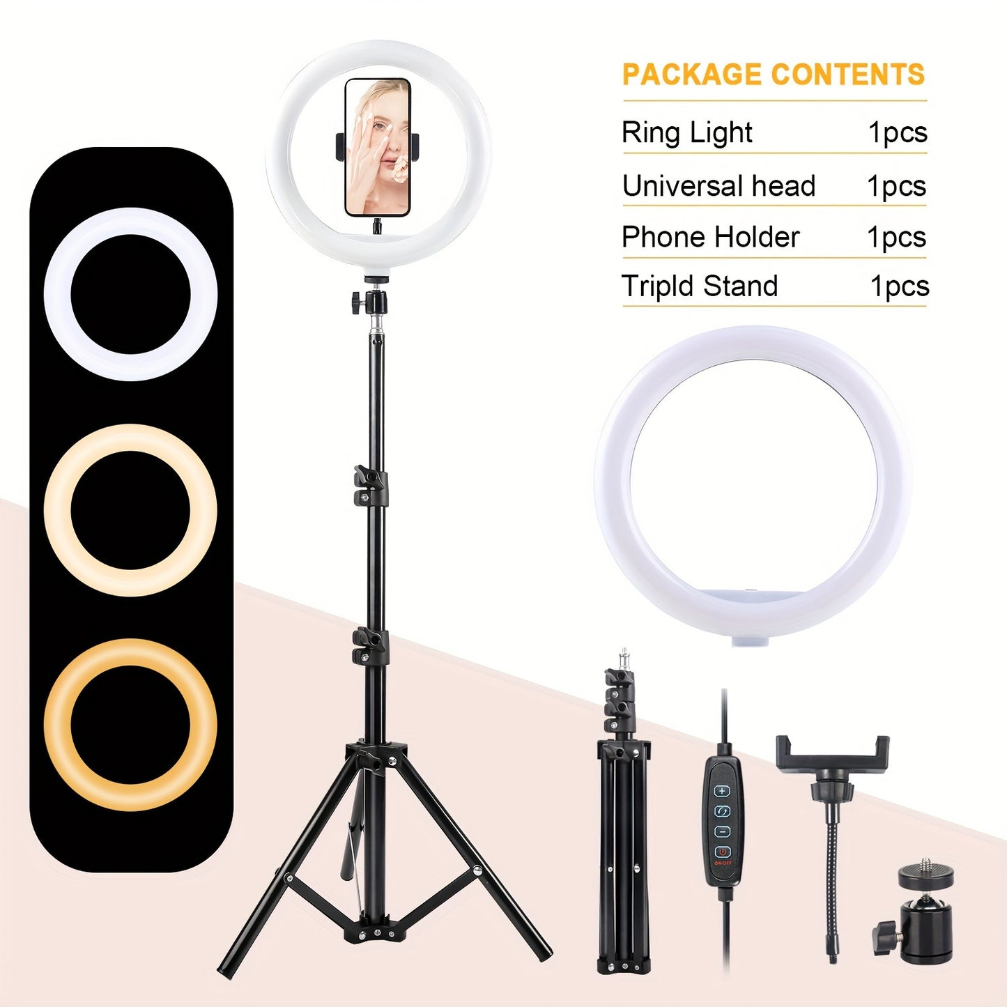 USB-powered LED ring light with stainless steel construction, suitable for beauty, vlogging, and live streaming with an operating voltage of ≤36V.