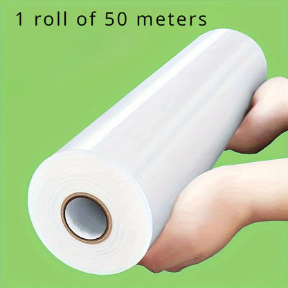 1 Roll Easy-Tear Plastic Wrap - 50.0m No-Cut Food-Safe Cling Film for Microwave & Refrigerator Use, Kitchen Seal Wrap