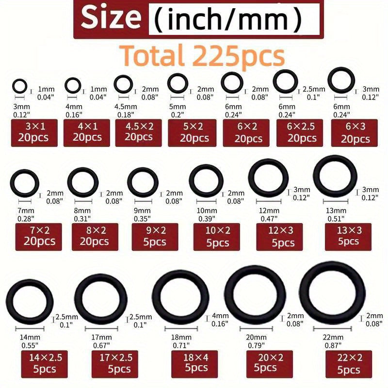 225pcs Premium Rubber O-Ring Assortment Kit - 18 Sizes, Oil-Resistant & Durable Sealing Gaskets for Plumbing, Automotive, Mechanics - Ideal for Air/Gas Connections, with Reusable Storage