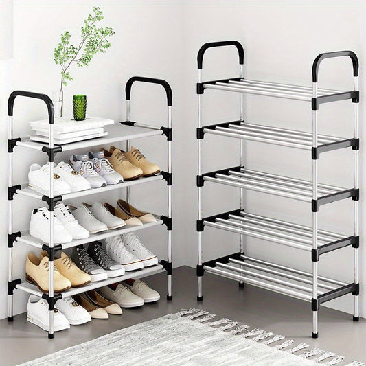 Space-saving floor standing shoe rack made of durable wrought iron with multiple layers, suitable for different types of rooms. No assembly or electricity needed.