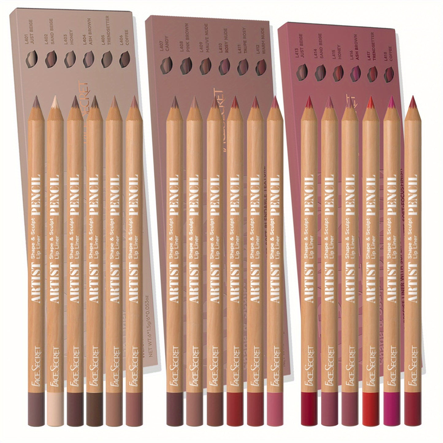 Set of 6 long-lasting matte lip liners in 18 natural colors.