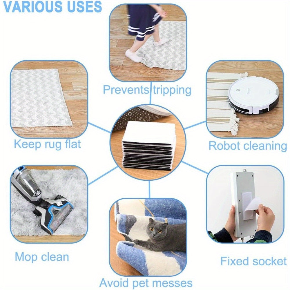 Premium Non-Slip Rug Grippers, 10-Pack with Dual-Sided Adhesive for Hardwood Floors & Tiles - Reusable, Washable Stickers to Keep Area Rugs Flat & Secure. Easy-to-Use PC Material Ideal for Home, Office, Camping, and Gaming Indoor Use.