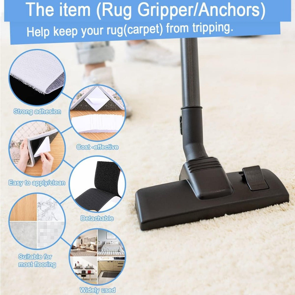 Premium Non-Slip Rug Grippers, 10-Pack with Dual-Sided Adhesive for Hardwood Floors & Tiles - Reusable, Washable Stickers to Keep Area Rugs Flat & Secure. Easy-to-Use PC Material Ideal for Home, Office, Camping, and Gaming Indoor Use.