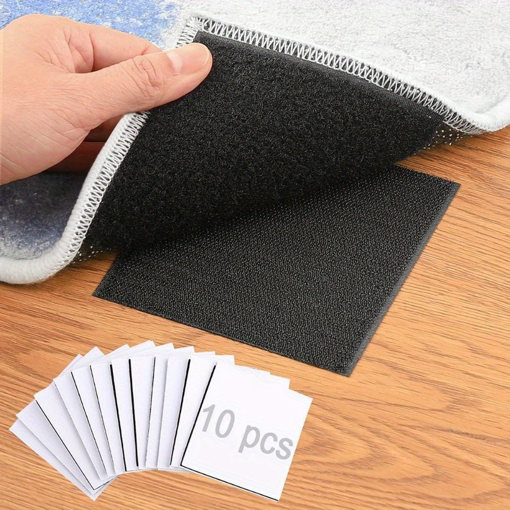 Premium Non-Slip Rug Grippers, 10-Pack with Dual-Sided Adhesive for Hardwood Floors & Tiles - Reusable, Washable Stickers to Keep Area Rugs Flat & Secure. Easy-to-Use PC Material Ideal for Home, Office, Camping, and Gaming Indoor Use.