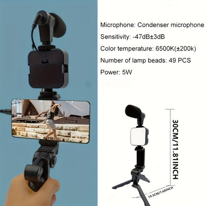 Portable live streaming tripod kit with square light, tripod stand, and microphone, designed for one-person operation and compatible with external cameras and devices.