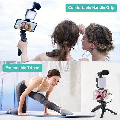 Portable live streaming tripod kit with square light, tripod stand, and microphone, designed for one-person operation and compatible with external cameras and devices.