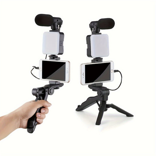 Portable live streaming tripod kit with square light, tripod stand, and microphone, designed for one-person operation and compatible with external cameras and devices.