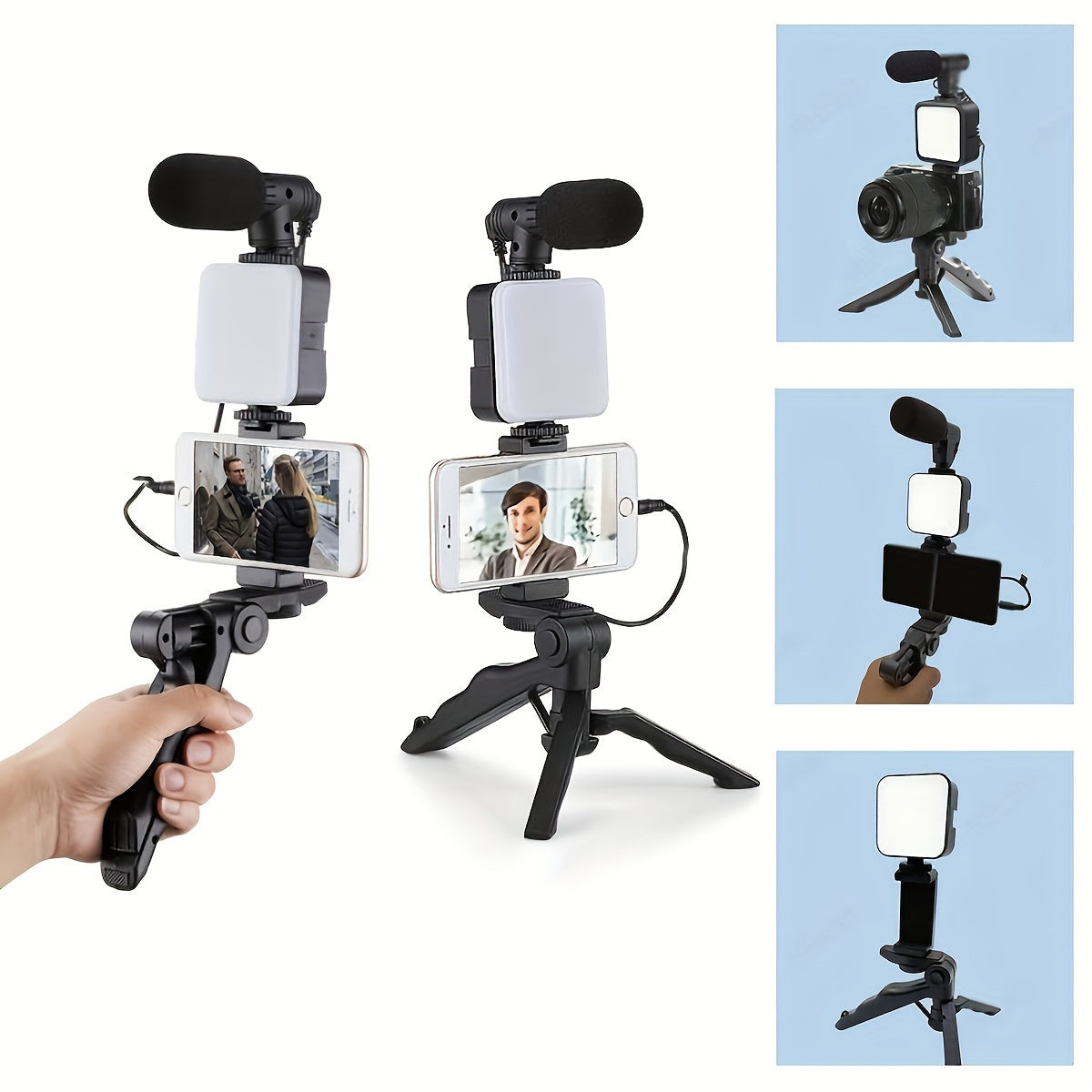 Portable live streaming tripod kit with square light, tripod stand, and microphone, designed for one-person operation and compatible with external cameras and devices.