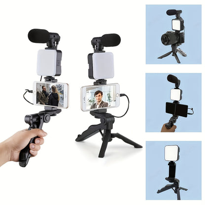 Portable live streaming tripod kit with square light, tripod stand, and microphone, designed for one-person operation and compatible with external cameras and devices.