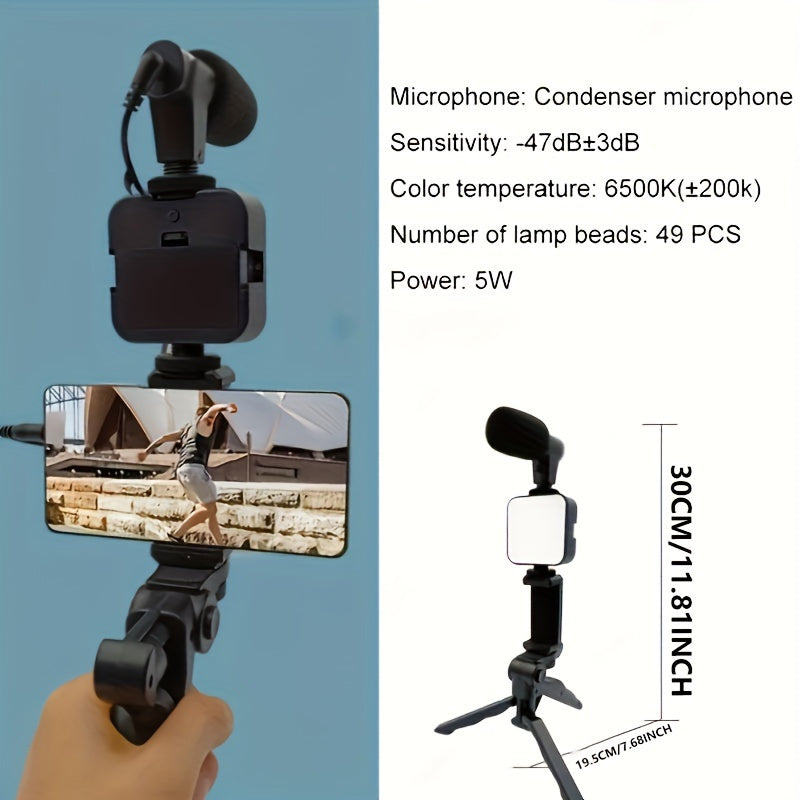 Portable live streaming kit includes LED light, tripod stand, and microphone with base mount, battery-powered, PP material, operating voltage ≤36V - connects to external cameras and devices.