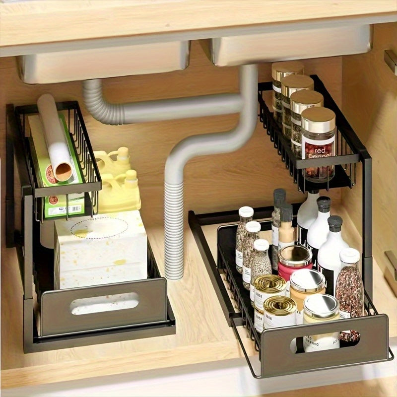 Durable Metal 2-Tier Under Sink Organizer with Slide-Out Storage Rack, Pull-Out Drawer for Kitchen Cabinet, Pantry, Bathroom, and Closet - No Power Needed.