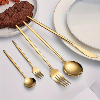 5-piece elegant golden stainless steel cutlery set for home, kitchen, restaurant, or wedding. Includes dinner knife, fork, spoon, teaspoon, and comb. Durable and modern flatware collection.