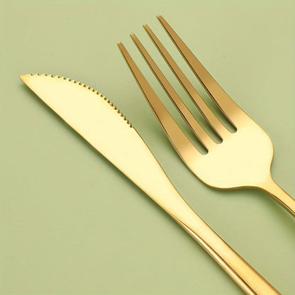 5-piece elegant golden stainless steel cutlery set for home, kitchen, restaurant, or wedding. Includes dinner knife, fork, spoon, teaspoon, and comb. Durable and modern flatware collection.