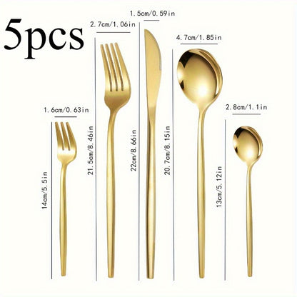 5-piece elegant golden stainless steel cutlery set for home, kitchen, restaurant, or wedding. Includes dinner knife, fork, spoon, teaspoon, and comb. Durable and modern flatware collection.