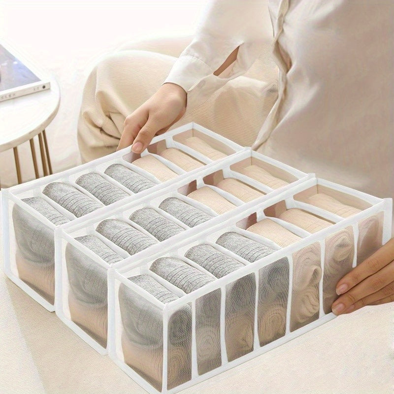 7-grid organizer for underwear and socks made of durable mesh material, designed for easy access and space-saving storage in the home, bedroom, or dorm.