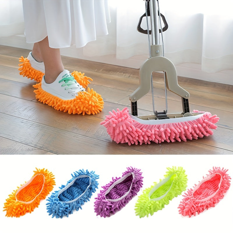 Set of 2 Pink Floral Lazy Mop Slippers - Easily Clean Floors with Reusable, Washable, and Removable Chenille Dust Mop Shoe Covers - Perfect for Living Rooms, Bedrooms, and Bathrooms