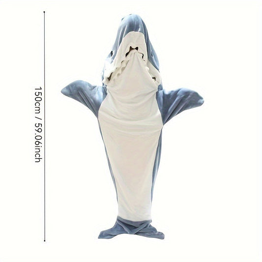 Soft and warm shark-shaped plush fleece sleeping bag, perfect for autumn and winter comfort. This cozy flannel throw blanket is great for couch, sofa, bed, and travel. Comes in gray/white, providing ultimate comfort and style.