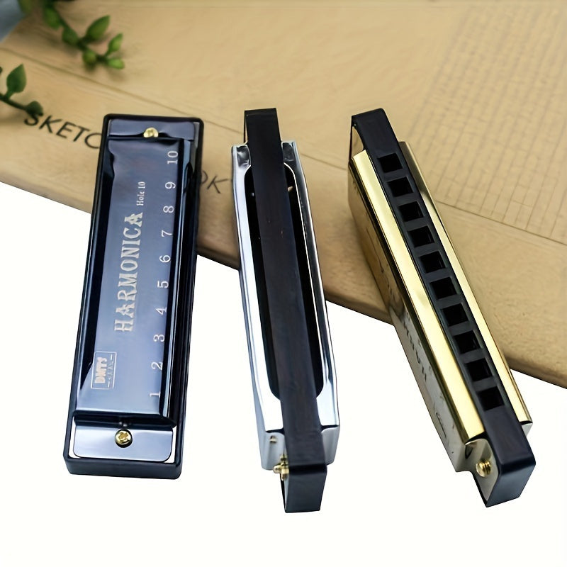 High-quality 10-hole harmonica with polished finish and durable hard shell - perfect for all skill levels, makes a great gift.