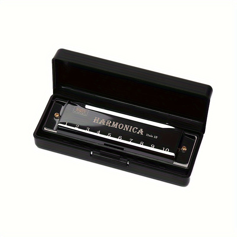 High-quality 10-hole harmonica with polished finish and durable hard shell - perfect for all skill levels, makes a great gift.