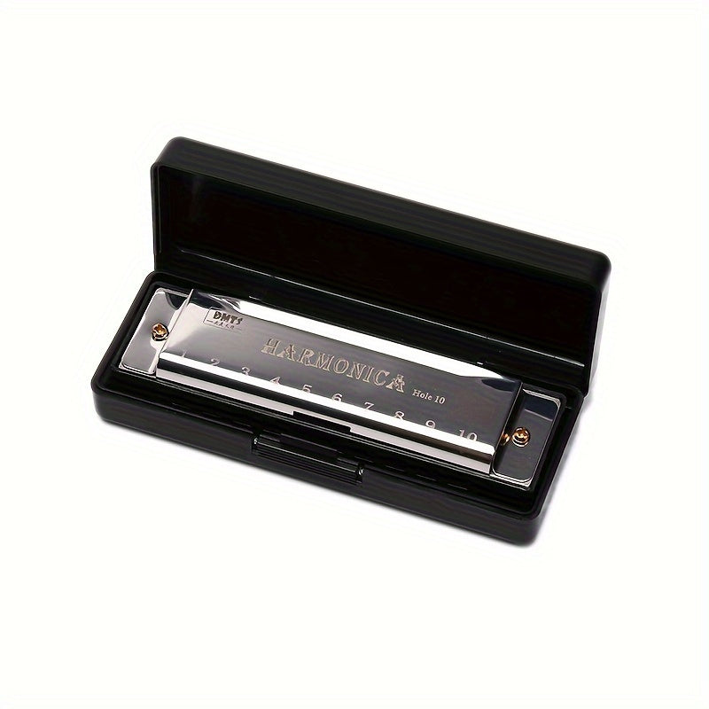 High-quality 10-hole harmonica with polished finish and durable hard shell - perfect for all skill levels, makes a great gift.