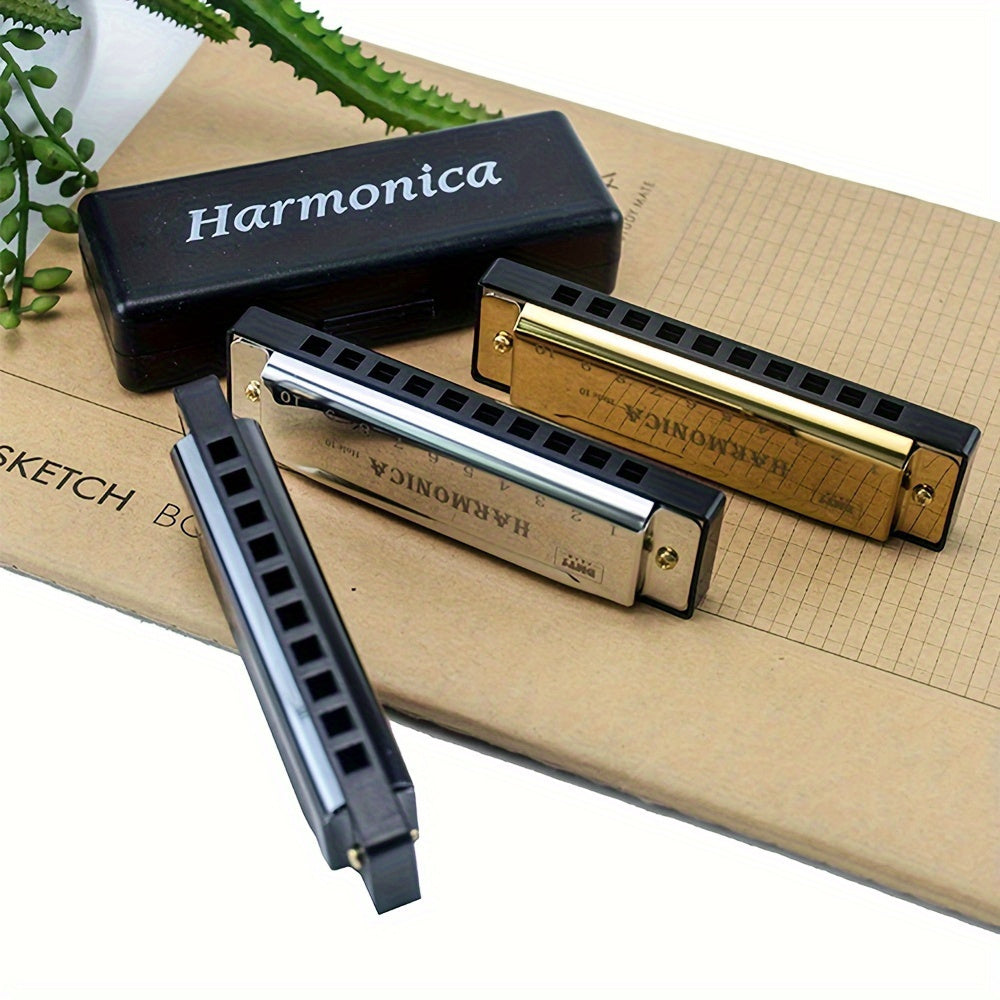 High-quality 10-hole harmonica with polished finish and durable hard shell - perfect for all skill levels, makes a great gift.