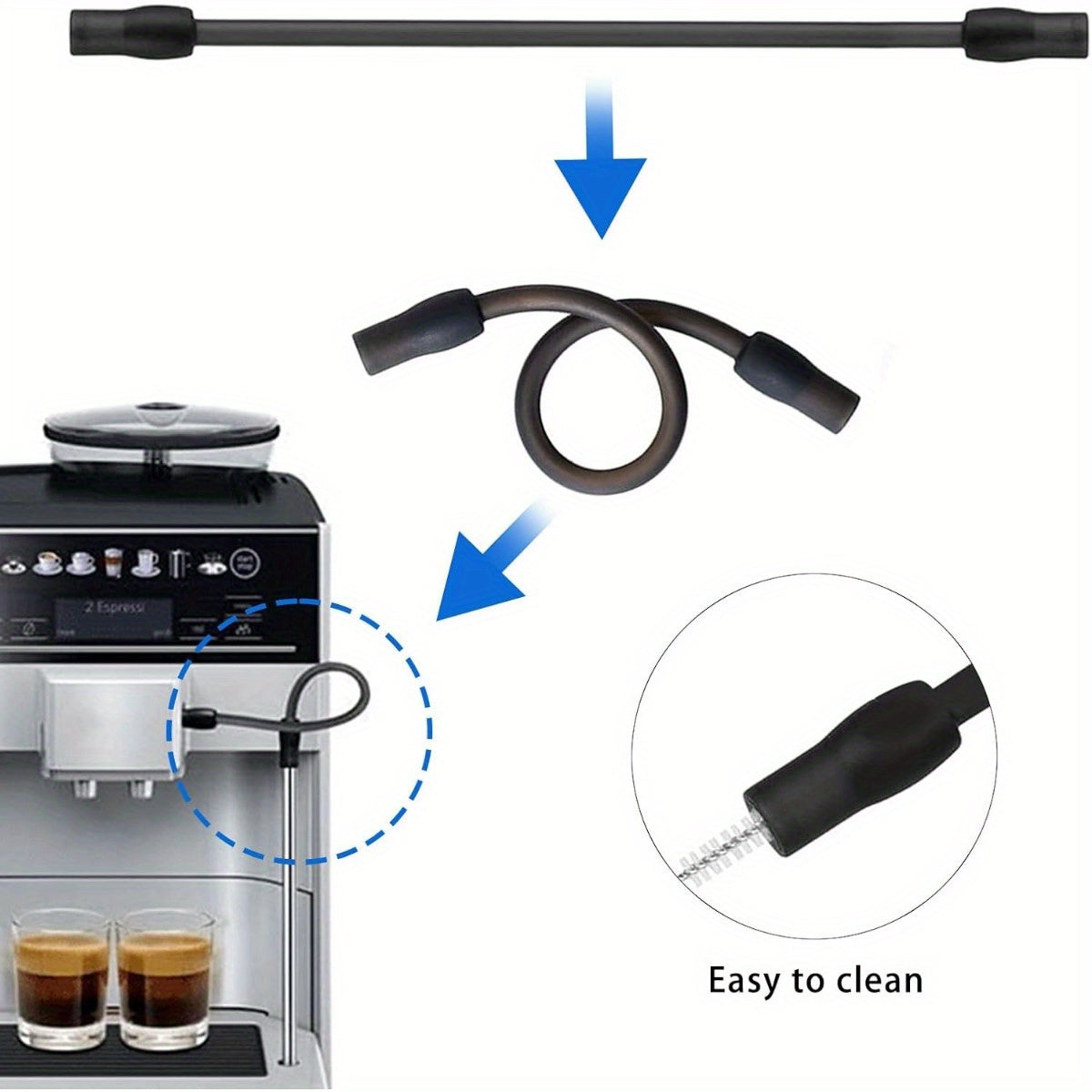 The Stainless Steel Milk Hose Set for Fully Automatic Coffee Machines includes 2 Cleaning Brushes and is compatible with EQ6 and Veroaroma models.