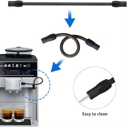 The Stainless Steel Milk Hose Set for Fully Automatic Coffee Machines includes 2 Cleaning Brushes and is compatible with EQ6 and Veroaroma models.