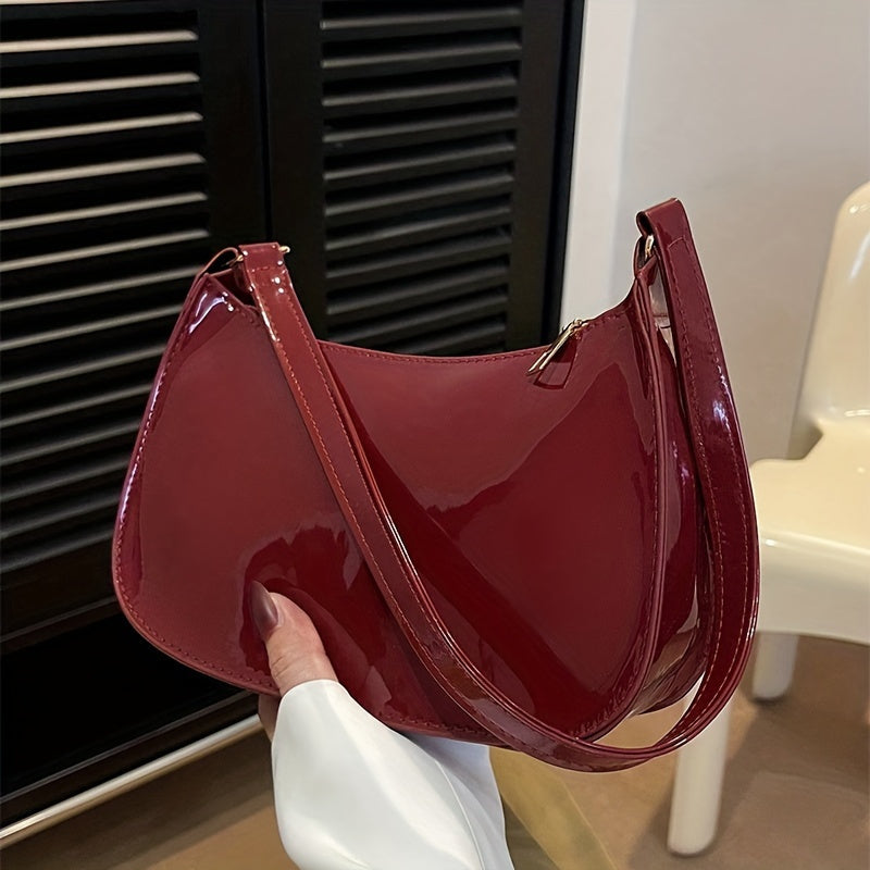 Solid red vintage-style women's handbag from Hong Kong with zipper closure, unlined and lightweight, suitable for casual occasions.