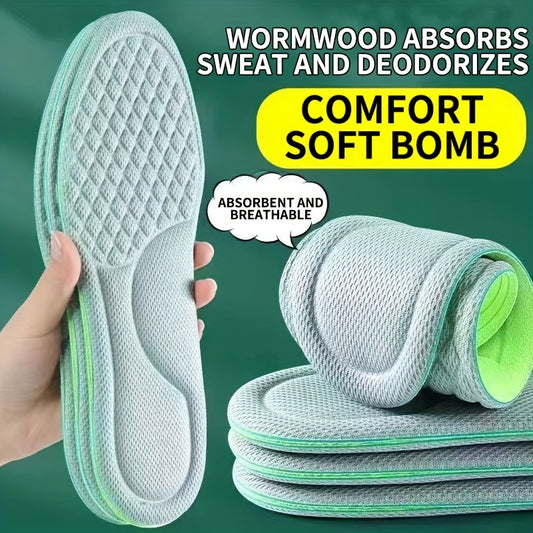 5 pairs of ultra-soft wormwood insoles for odor removal, shock absorption, and comfort, perfect for extended standing, outdoor activities, and sports.