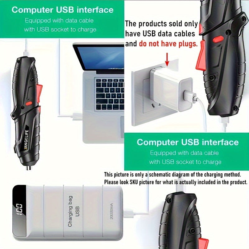 JangkLife 47 шт./15 шт. Ручной электрический набор отверток с поворотными битами, USB-питание, пластиковый материал, ≤36В, без батареи.