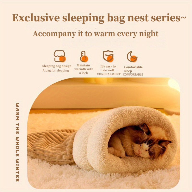 360° Wrap Plush Cat Sleeping Bag with temperature locking feature, perfect for winter. Beige/Light Brown, Snuggle Wrap Design, Polyester Fiber Fill.