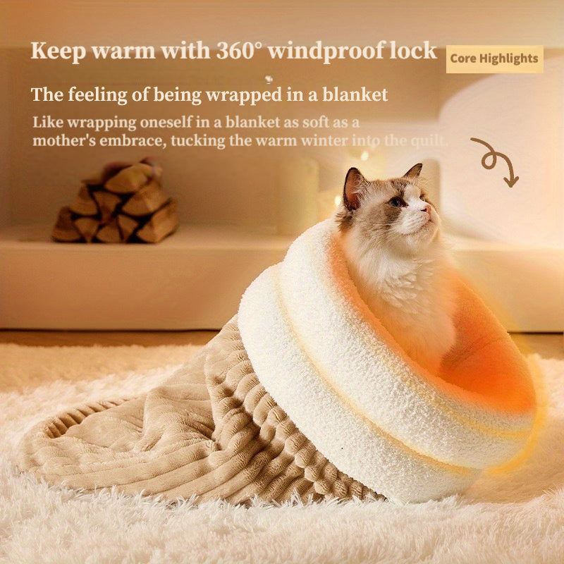 360° Wrap Plush Cat Sleeping Bag with temperature locking feature, perfect for winter. Beige/Light Brown, Snuggle Wrap Design, Polyester Fiber Fill.