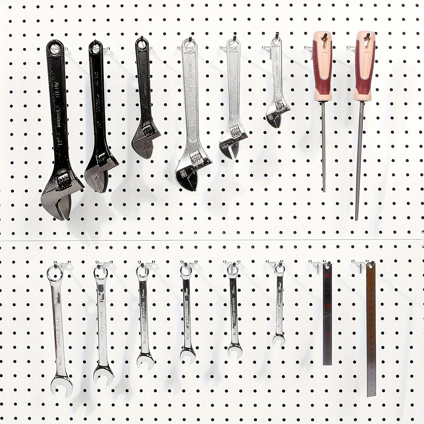 60 sets of heavy-duty stainless steel pegboard hooks for garage and office organization and tool storage.