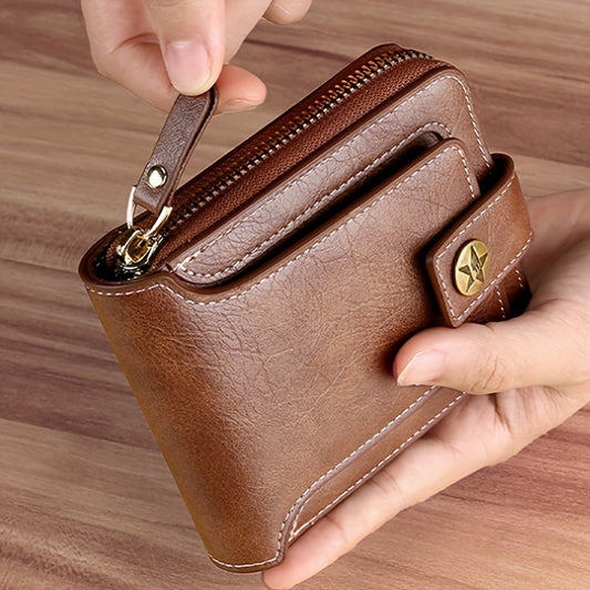 Sleek faux leather wallet featuring a tree pattern, with compact zippered credit card holder and coin purse in light brown for men.